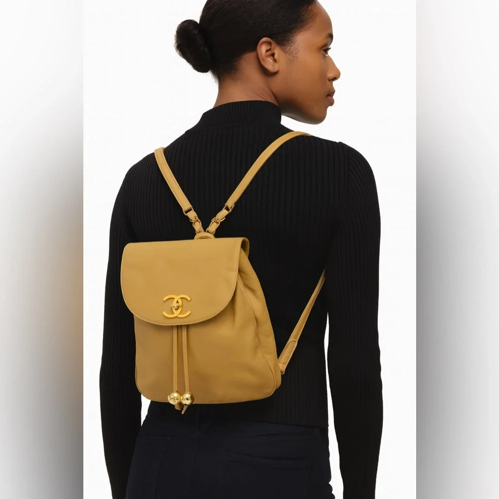 CHANEL Vintage Tan CC Logo Caviar Leather Backpack